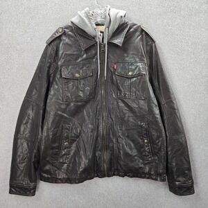 Levi's Men Jacket XL Brown Faux Leather Sherpa Lined‎ Hooded Moto Military Y2K